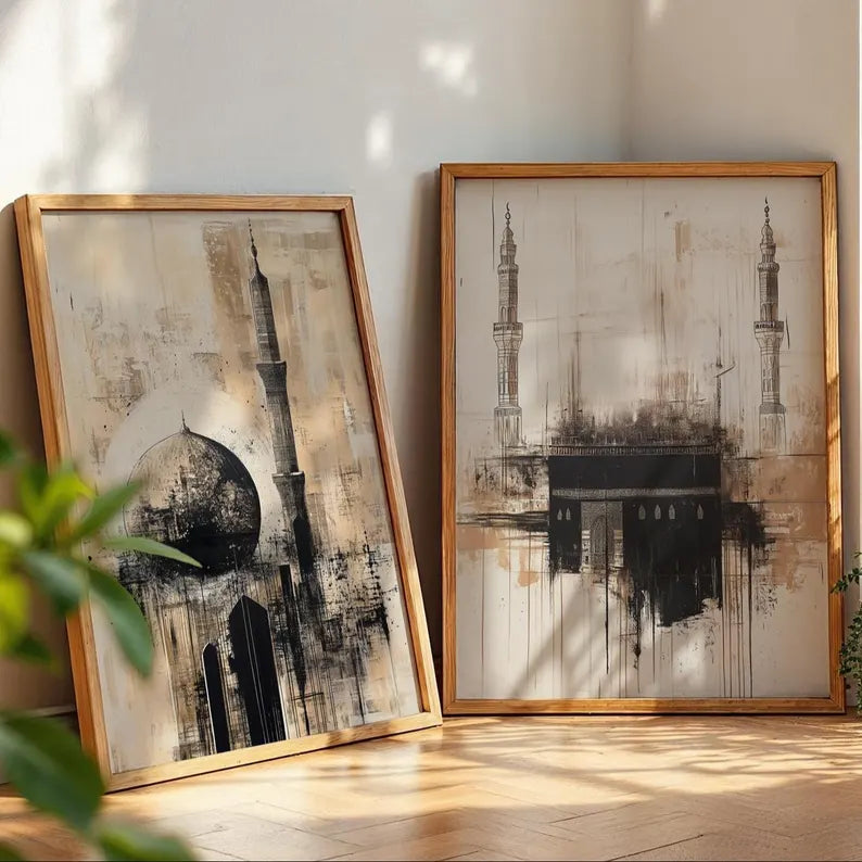 Ramadan Special Kaaba & Masjid Nabawi Abstract Wall Art Set Architecture Prints Modern Muslim Home Decor Islamic Wall Art Digital Download