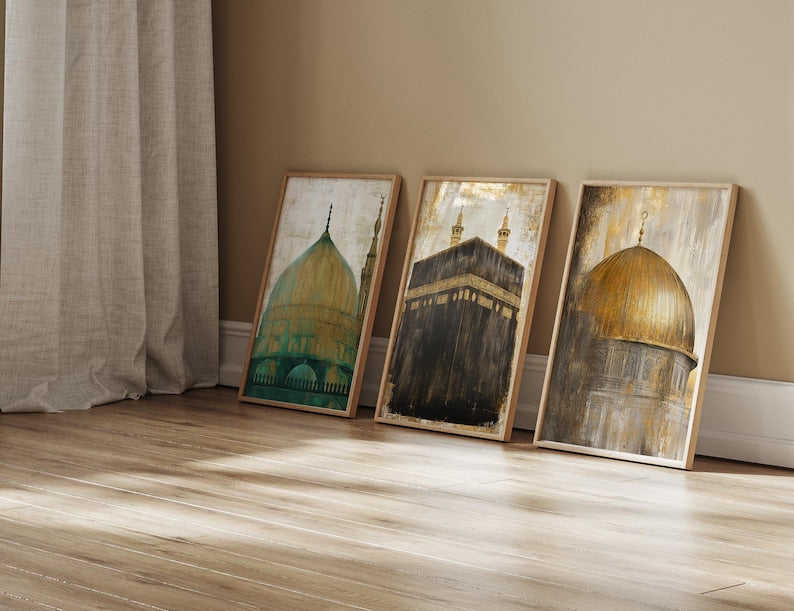 Set of 3 Kaaba, Masjid Nabwi & Dome of The Rock Vintage Islamic Holy Places Wall Art Prints | Al Aqsa Mosque Palestine | Makkah | Madinah