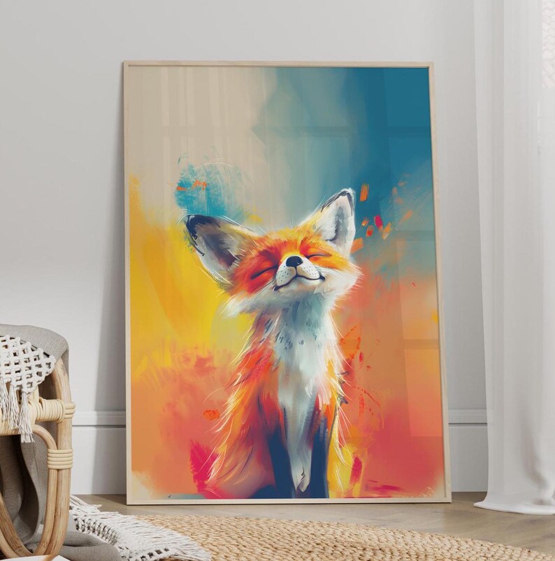Colorful Little Fox Art Poster Print or Canvas, Whimsical Fox Nursery Wall Decor, Kids Room Animal Wall Decor, Cute Baby Fox Art Print