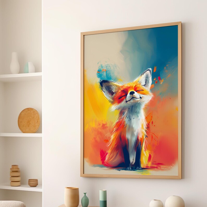 Colorful Little Fox Art Poster Print or Canvas, Whimsical Fox Nursery Wall Decor, Kids Room Animal Wall Decor, Cute Baby Fox Art Print