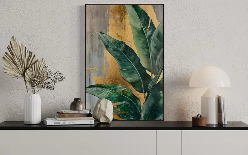 Banana Leaf Art Print – Tropical Botanical Wall Decor, Green Foliage Abstract Painting PRINT, Modern Jungle Plant Artwork