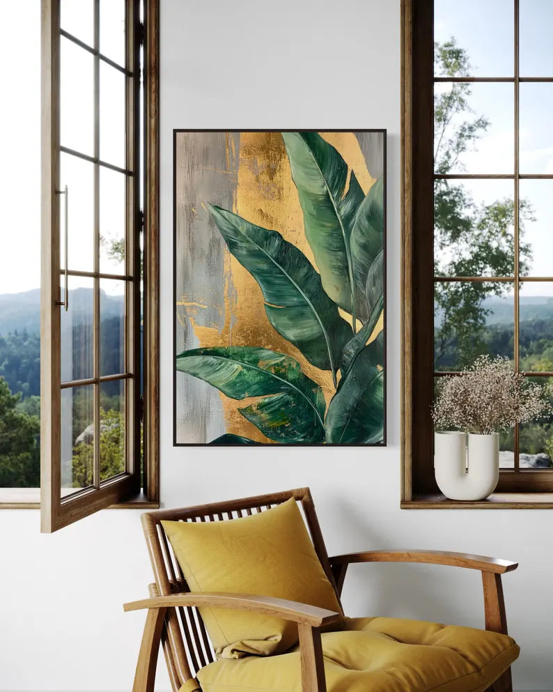 Banana Leaf Art Print – Tropical Botanical Wall Decor, Green Foliage Abstract Painting PRINT, Modern Jungle Plant Artwork