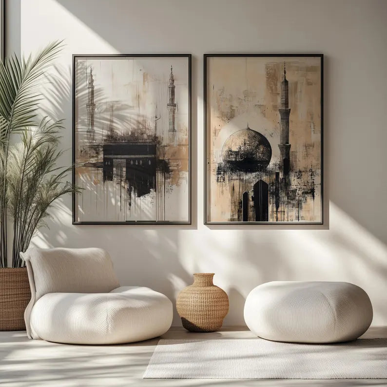 Ramadan Special Kaaba & Masjid Nabawi Abstract Wall Art Set Architecture Prints Modern Muslim Home Decor Islamic Wall Art Digital Download
