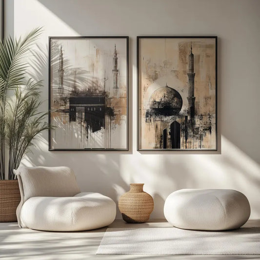 Ramadan Special Kaaba & Masjid Nabawi Abstract Wall Art Set Architecture Prints Modern Muslim Home Decor Islamic Wall Art Digital Download