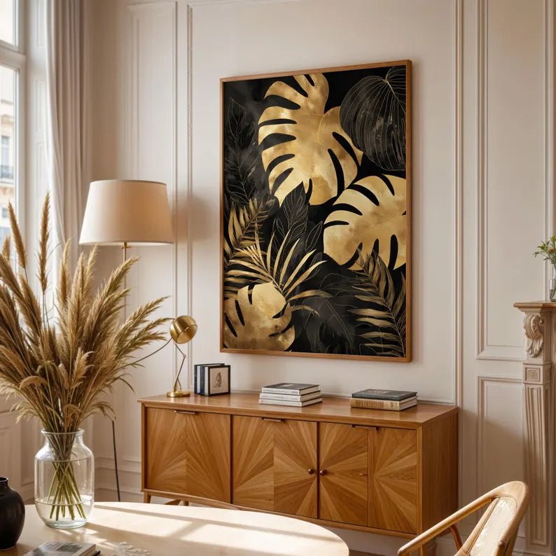 Gilded Monstera Midnight Wall Art — Black & Gold Tropical Botanical Giclée Print