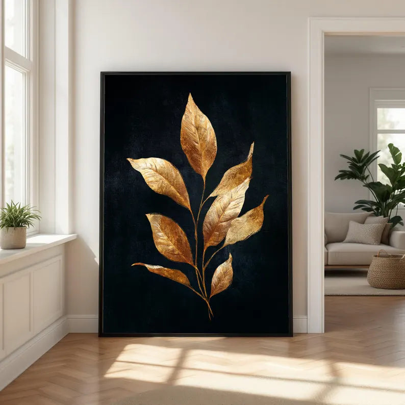 Elegant Gold Leaf Canvas Wall Art, Metallic Botanical Print, Modern Nature Decor, Luxury Home Decoration, Ready to Hang Artwork