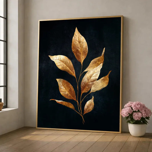 Elegant Gold Leaf Canvas Wall Art, Metallic Botanical Print, Modern Nature Decor, Luxury Home Decoration, Ready to Hang Artwork