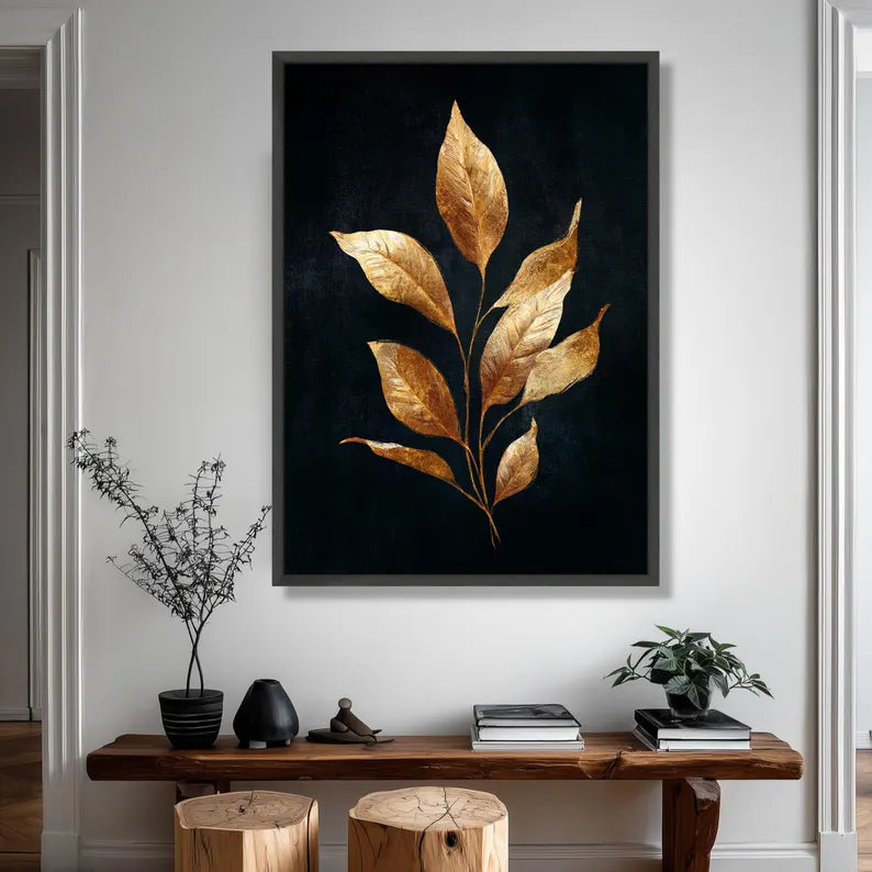 Elegant Gold Leaf Canvas Wall Art, Metallic Botanical Print, Modern Nature Decor, Luxury Home Decoration, Ready to Hang Artwork