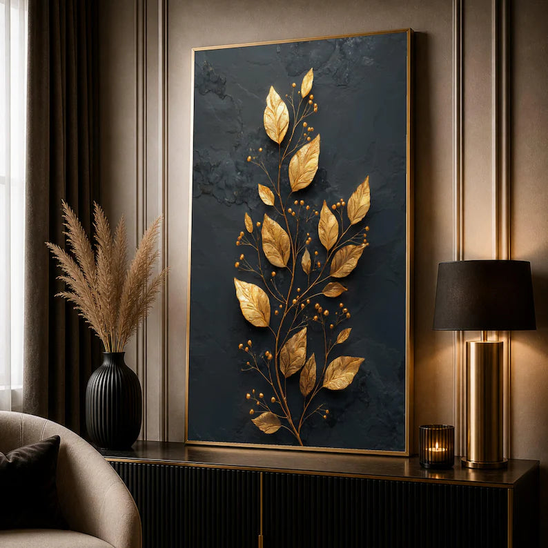 Elegant Gold Leaf Branch Canvas Wall Art, Dark Background Floral Canvas, Modern Botanical Wall Decoration, Luxury Home Accent