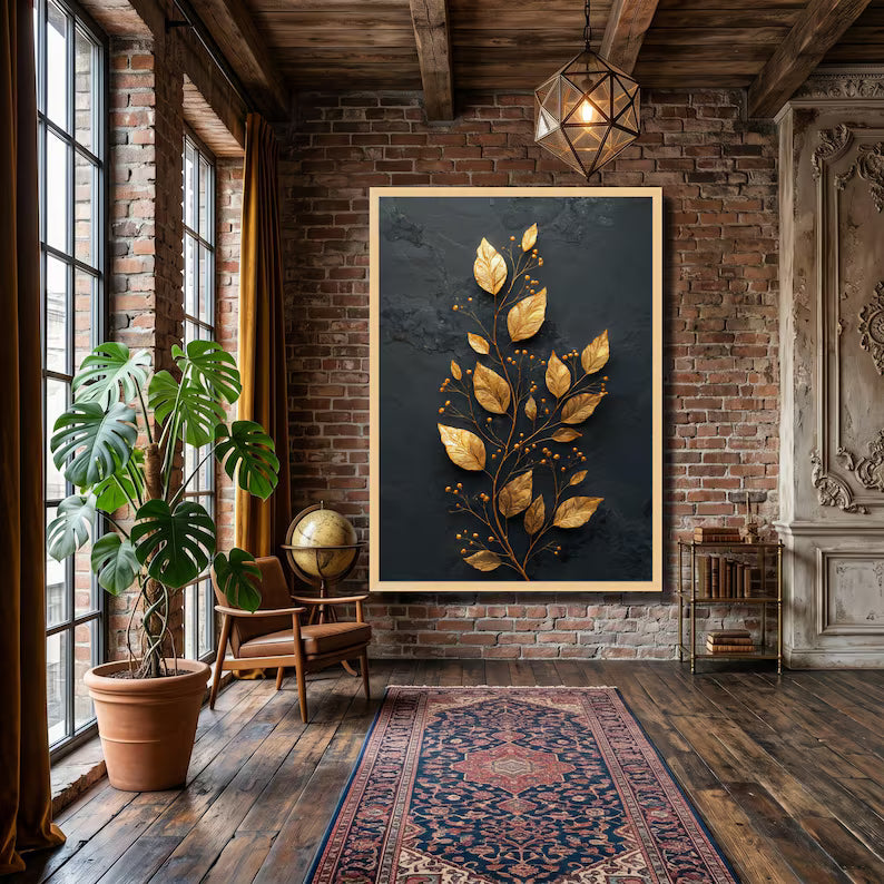 Elegant Gold Leaf Branch Canvas Wall Art, Dark Background Floral Canvas, Modern Botanical Wall Decoration, Luxury Home Accent