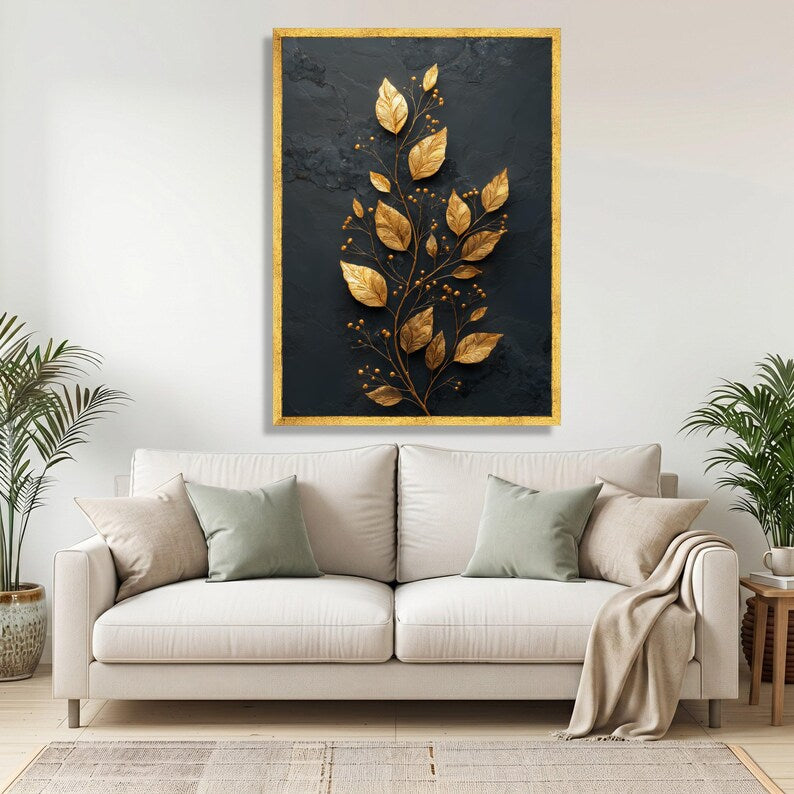 Elegant Gold Leaf Branch Canvas Wall Art, Dark Background Floral Canvas, Modern Botanical Wall Decoration, Luxury Home Accent