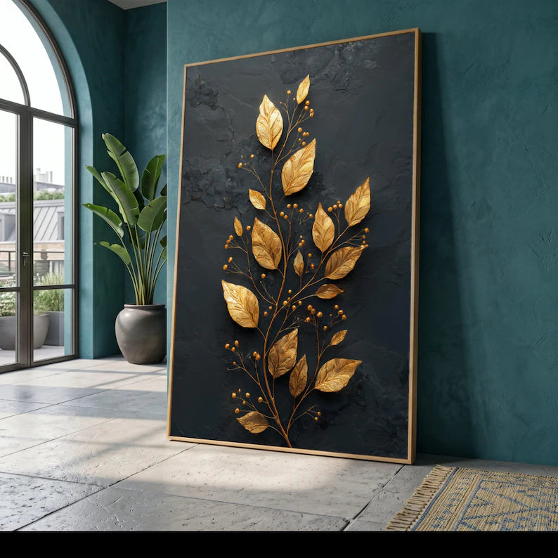 Elegant Gold Leaf Branch Canvas Wall Art, Dark Background Floral Canvas, Modern Botanical Wall Decoration, Luxury Home Accent