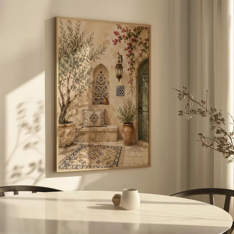 Palestinian Courtyard Wall Art Print, Neutral Islamic Decor, Olive Tree Watercolor Print, Middle Eastern Gallery Wall