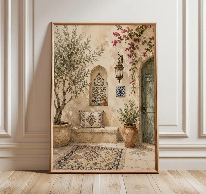 Palestinian Courtyard Wall Art Print, Neutral Islamic Decor, Olive Tree Watercolor Print, Middle Eastern Gallery Wall