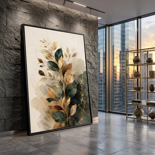 Elegant Gold Leaf Branch Canvas, Abstract Botanical Wall Art, Green and Beige Foliage Print, Modern Nature Canvas Decoration