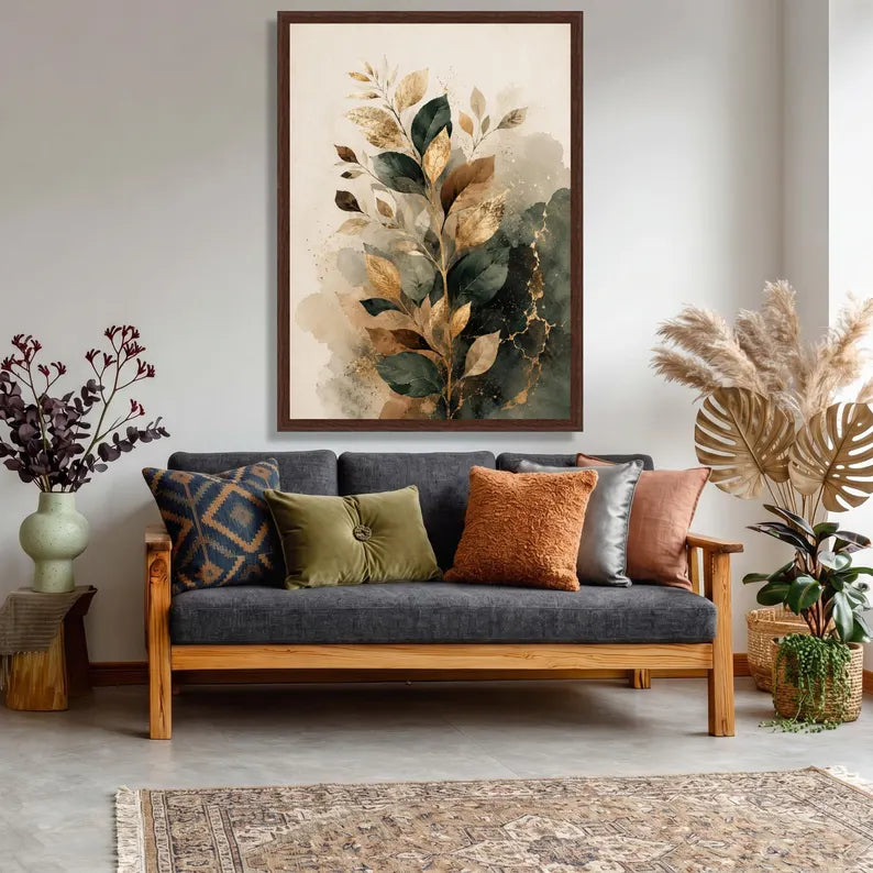 Elegant Gold Leaf Branch Canvas, Abstract Botanical Wall Art, Green and Beige Foliage Print, Modern Nature Canvas Decoration