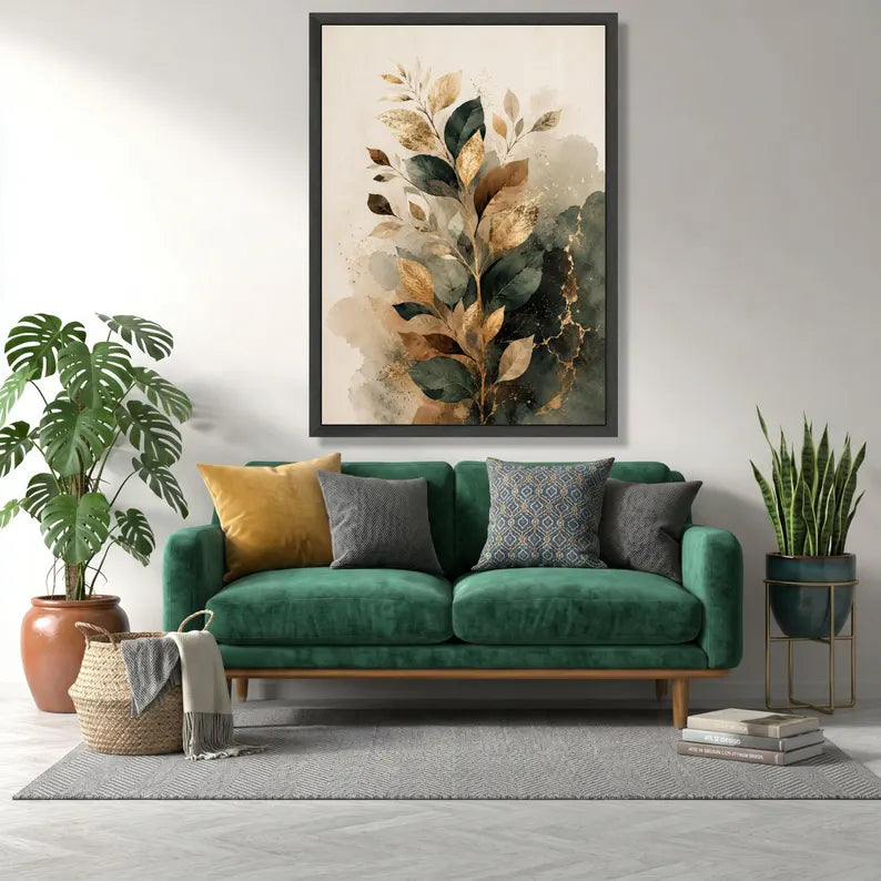 Elegant Gold Leaf Branch Canvas, Abstract Botanical Wall Art, Green and Beige Foliage Print, Modern Nature Canvas Decoration