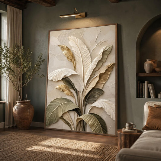 Neutral Tropical Palm Leaves Canvas Print, Beige Gold Botanical Wall Art